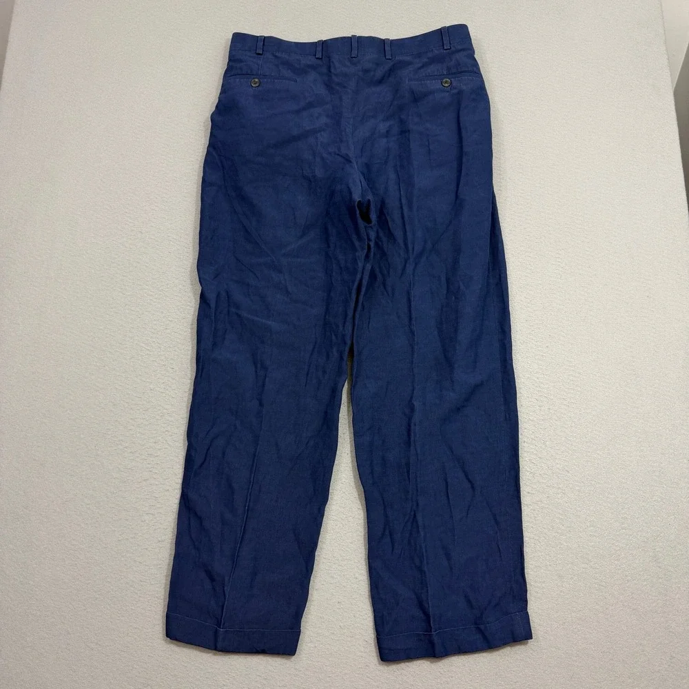 Vintage Samuelsohn Linen Pants Men's 34x30 Blue Pleated Trousers Dress Loose Fit